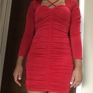 BCX Red Long Sleeve Ruched Dress